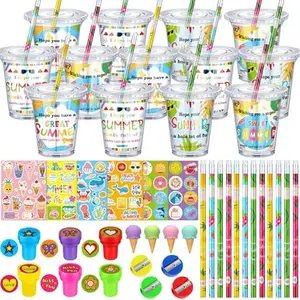 24/30 Set End of Year Students Gift from Teacher Bulk Summer Theme School Party Favors Pencil Sharpener Eraser Stamp Sticker Card Plastic Cup with Lid Cute Class Gifts for Students Graduation School Classroom Prizes Class Exchange Gift Reward