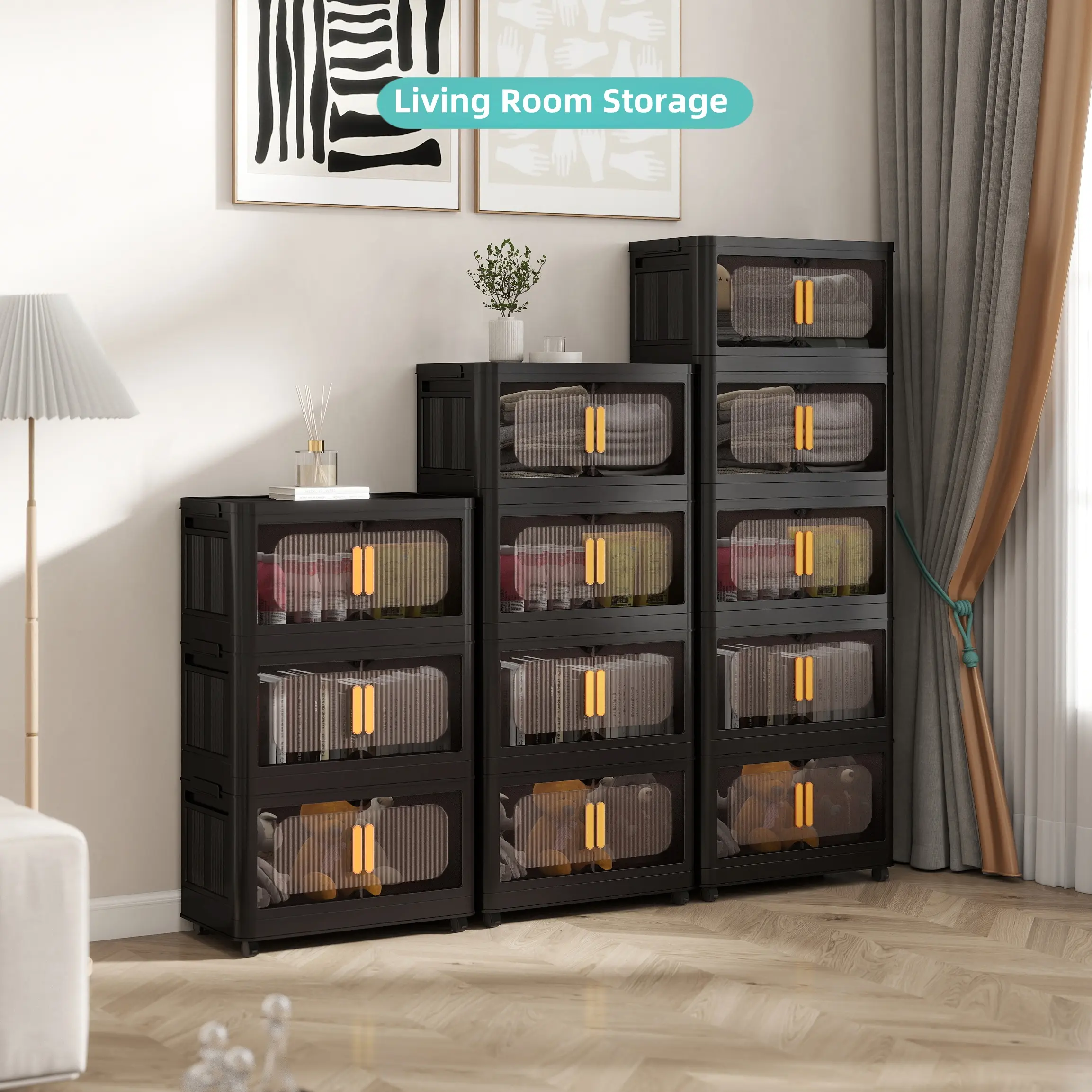 Black, 20"-24" Side Wide Folding Storage Cabinet ,3/4/5 Tiers,Collapsible Storage Bins with Magnetic Door, Plastic Storage Cabinet with Wheels Space Saving Furniture Freestanding Cupboard
