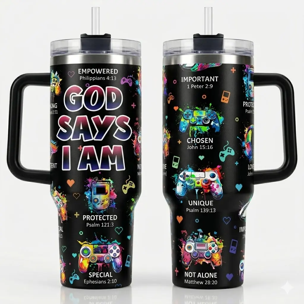 "God Says I Am" Printed Christian Gamer 40oz Vacuum Insulated Stainless Steel Thermal Flask Tumbler with Handle, Straw & Video Game Controller Bible Verse Design, Reusable Inspirational Gift for Teen Boys, Car Cup Holder-Fit Drinkware, Portable, Bottle
