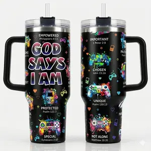 "God Says I Am" Christian Gamer 40oz Tumbler with Handle |   Video Game Controller Bible Verse Cup, Inspirational Religious Gift for Teen Boys Son Grandson,Vacuum Insulated Stainless Steel Iced Coffee Mug Fits Car Cup Holder, Daily Hydration