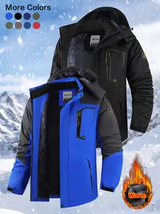 Men's Winter Outdoor Fleece Lined Thickened Hooded Jacket, Windproof Water-Resistant Warm Ski Coat with Multiple Pockets, Suitable for Outdoor Activities, Mountaineering, and Skiing