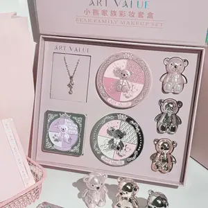 ART VALUE 7-Piece Little Bear Makeup Set, Cosmetic: 3 Little Bear Lip Muds, Little Bear Three-Color Blush, Little Bear Powder, Little Bear Five-Color Eyeshadow, Little Bear Necklace, Cute Necklace for Girls on Valentine's Day, Makeup Gift Box
