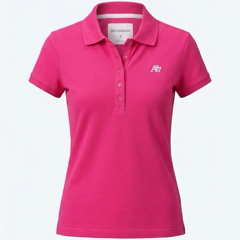 This Aeropostale Women's A87 Polo Shirt is a vibrant hot pink piqué top featuring a white embroidered logo on the chest.