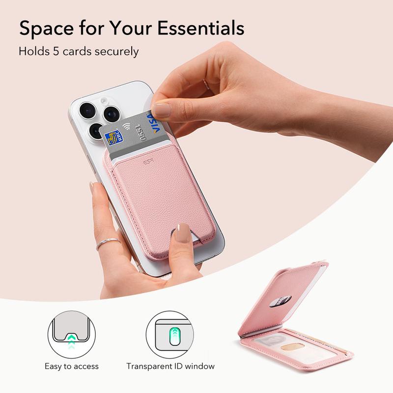 ESR Upgraded Aura for MagSafe Wallet, 5 Card-Holder with Adjustable Stand, Magnetic Wallet for iPhone 17/16/15/14/13/12 Series, Not for iPhone Mini, Vegan Leather, Pink
