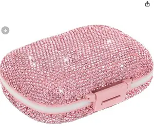 Cute Pill Organizer Small Bling Pill Case for Purse Medicine Vitamin Container Holder Daily Pill Box Container for Women Travel Medicine Kit(Pink)