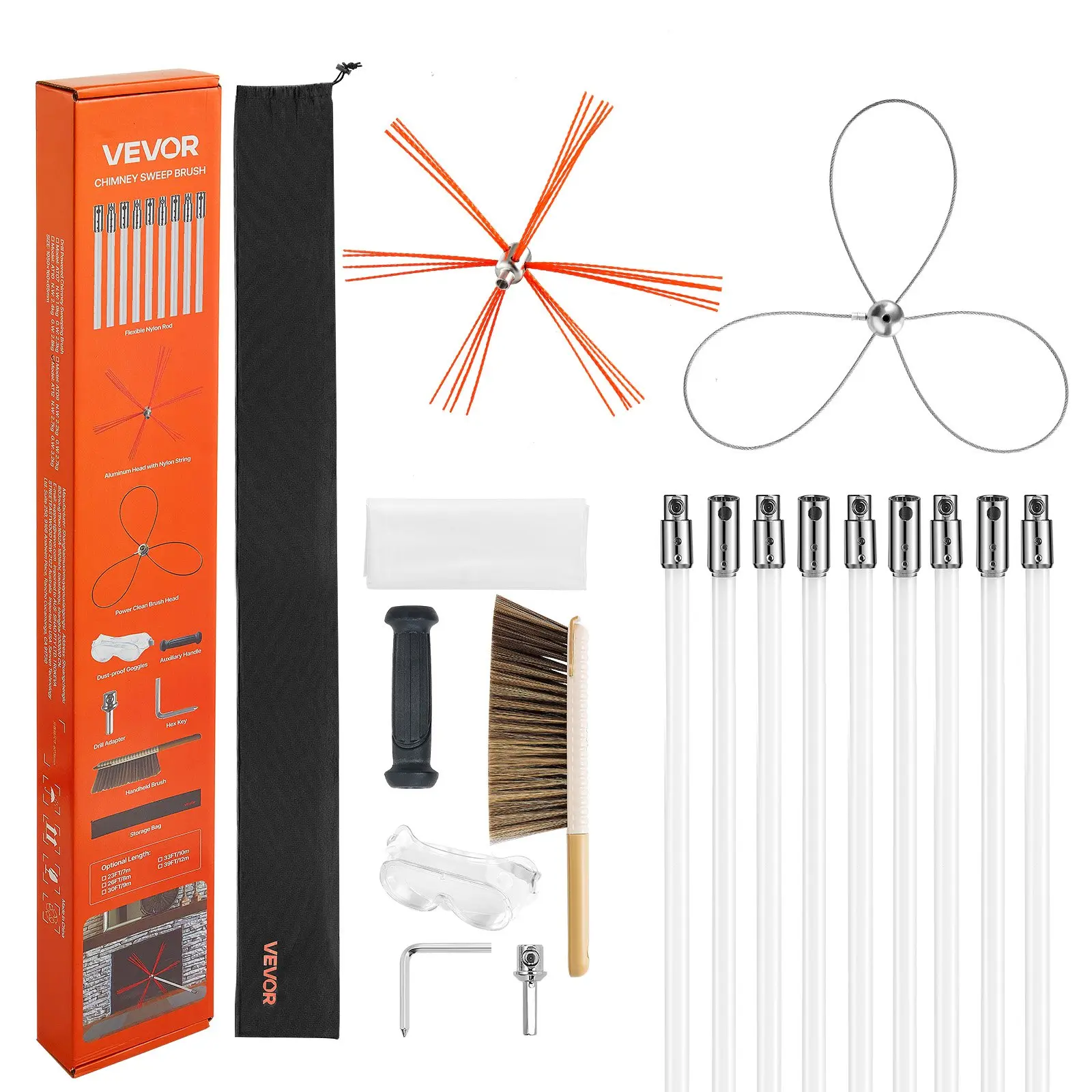 【Summerfinds】VEVOR Adjustable Steel-Aluminum Alloy Chimney Cleaning Kit, 30 Ft/ 9 M Max Extendable, Dual Brush Heads, Goggles, Plastic Accessory, Spring Button Locking System, Cleaner for Square, Rectangle & Arch Chimneys