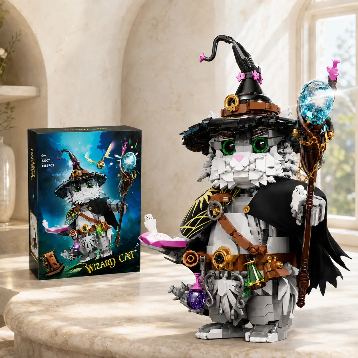 Wizard Cat Building Block Set, 1458 Pieces with Light-Up Crystal Staff, Magical Animal DIY Model, Spell Book & Potion Accessories, Home Desk Decor Gift for Adults Teens (Halloween/Christmas) brick collector