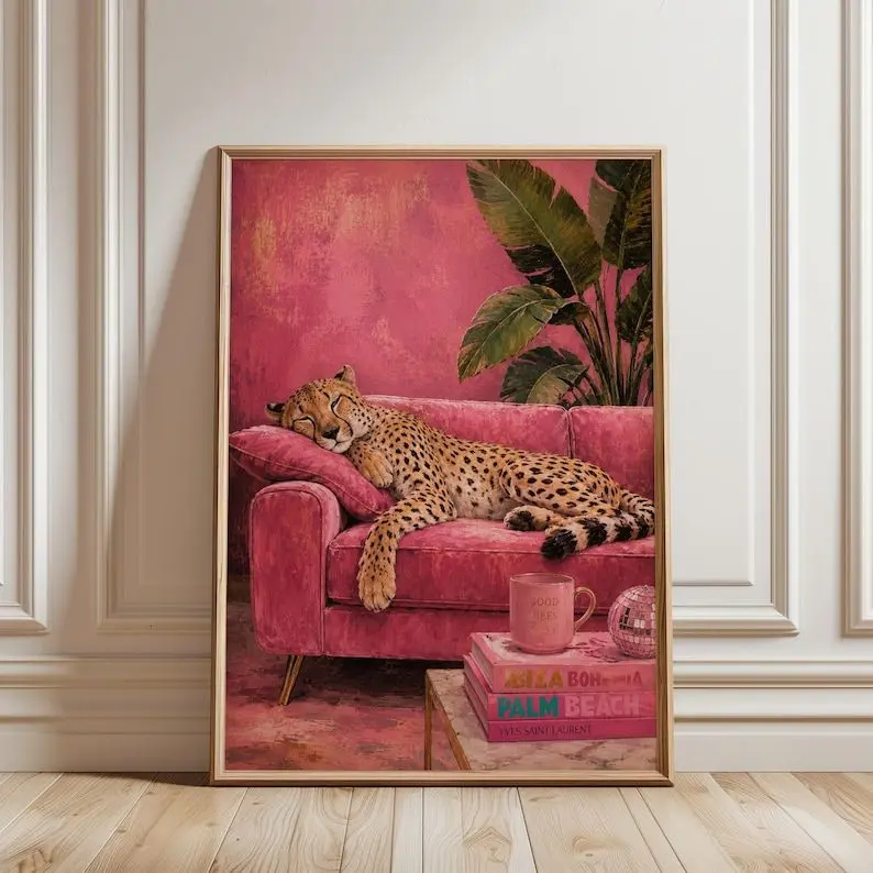 Cheetah Wall Art, Luxury Pink Print, Sleepy Leopard Glam Animal Print Maximalist Decor poster