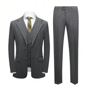 Men's Classic Tartan Suit 3 Piece Elegant Business Suit Two Button Wedding Prom Tuxedo Jacket Vest & Pants -Dark Gray