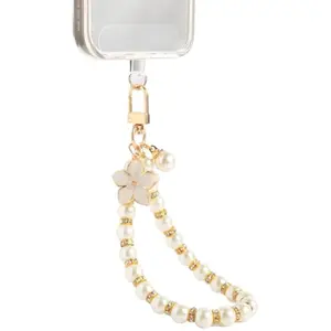 Fancy Beaded Cell Phone Wrist Strap, Hands-Free Cute Wristlet Chain Bracelet, Detachable Lanyard for iPhone, Samsung and Most Smartphones - Anti-Lost Versatile Charm for Bag | White Flower&Pearls