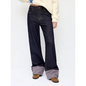 Cider Stretch Denim Mid Rise Plaid Roll Hem Straight Leg Jeans
