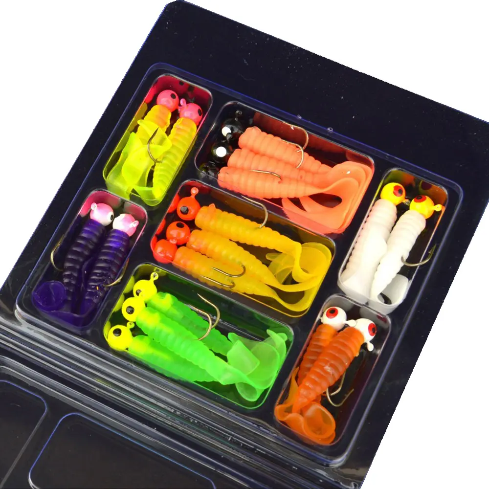 17pcs Metal Jig Head Fishing Hooks + 17pcs Soft Worm Lure Silicone Fish Artificial Bait Tackle Fishing Lure Kit Set Carp Fishing Equipment