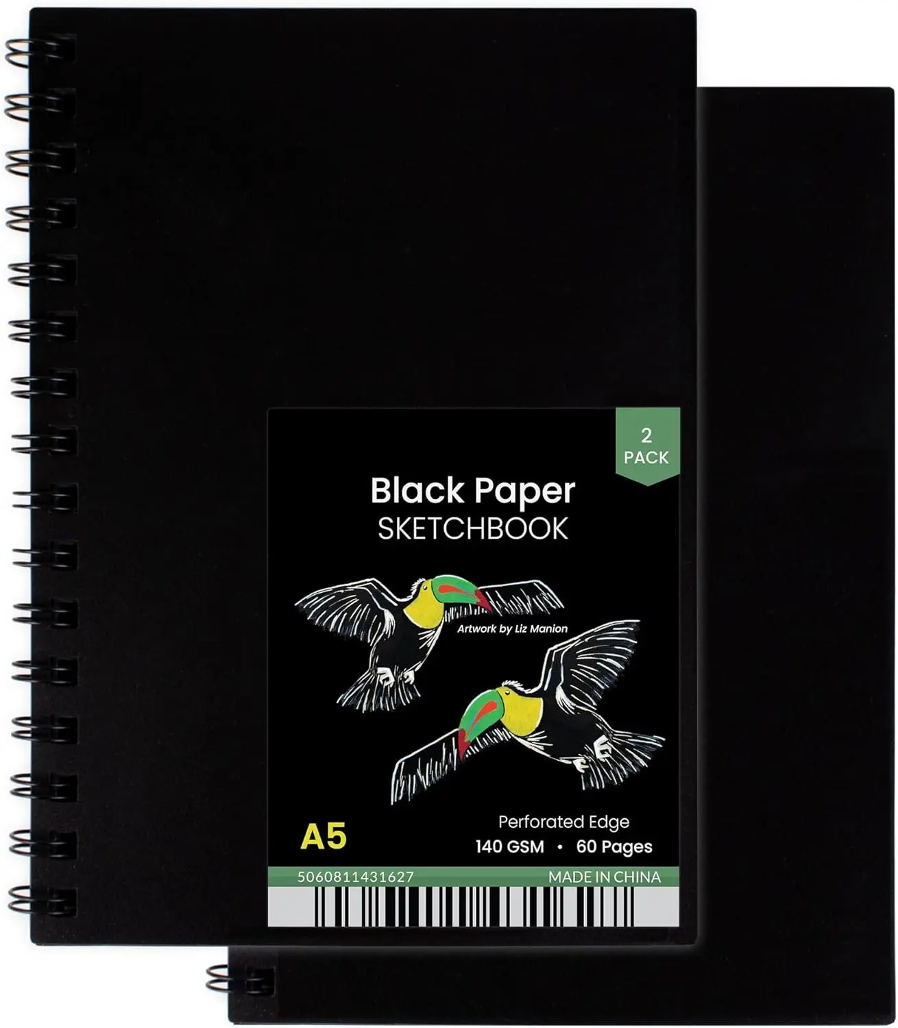 A5 2-Pack Black Paper Sketchbook with Lay-Flat Spiral Binding, 140 GSM Acid-Free Mixed Media Drawing Pad, 6"x8.25", 60 Pages (30 Sheets) Journal for Artists & Adults