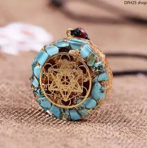 Natural Blue Turquoise Orgonite Geometry Pendant Necklace, Chakra Healing Crystal Stone, Spiritual Protection Amulet, Unisex Fashion Jewelry For Daily Wear And Adult Spiritual Decoration
