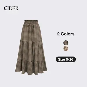 Cider [2 colors, size 2-26] Elastic Waist Check Knotted Tiered Maxi Skirt