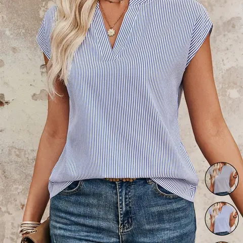 Women's Basic Casual Striped V-Neck Loose Blouse, Batwing Sleeve Shirt, Comfortable Top for Daily Wear, Daily Wear Tops