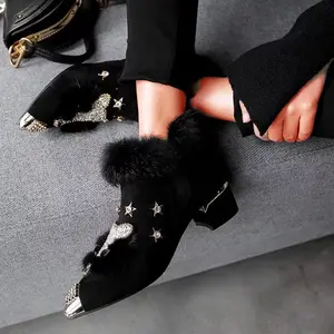 Women's Winter Fox Faux Fur-Trimmed Rhinestone-Adorned Fleece Lining Chunky Heel Pointed Toe Boots - Plush Faux Fur Korean Winter Boots with Fleece Lining & Star Buckle, Warm Thick Rubber Sole for Fall & Winter, Grey/Black/White - Hand Washable, Fleece-Li
