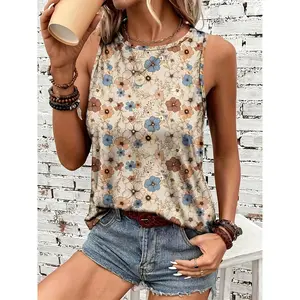 Women's Summer Vintage Floral Print Sleeveless Vest-Translucent Crew Neck Lightweight Top, Machine Washable, Suitable for Casual and Beach Attire, Summer Must-Have Swimwear, No Stretch Fabric Womenswear Flower Knitting Polyester