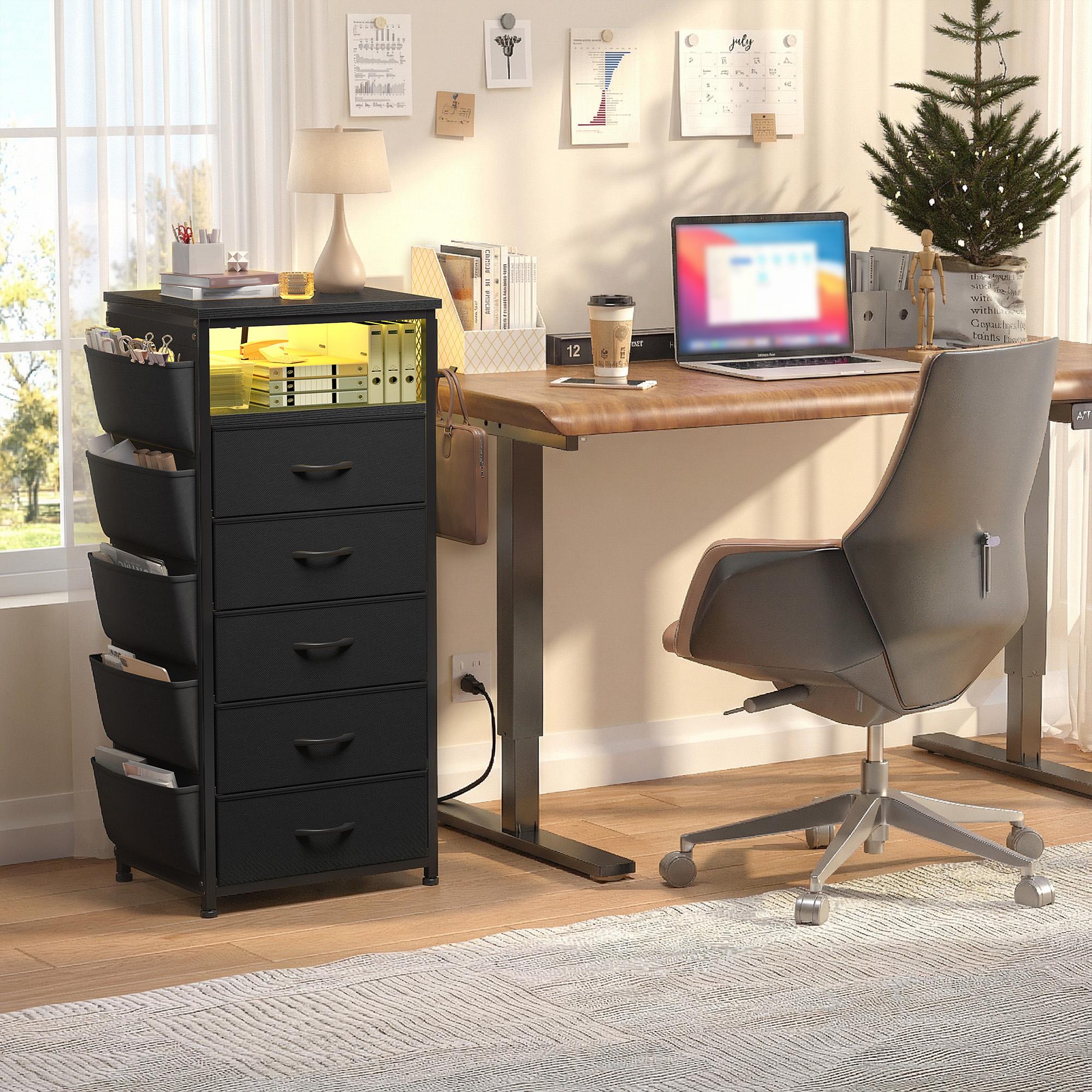 Raybee 37.5" Tall LED Night Stand with 5 Drawers for Tall Bed, Black Narrow Dresser with Charging Station for Living Room, Night End Table with Extra Side Bag & Hooks, Bedside Table with Power Stripe, Bedroom, Closet, Hallway, Entryway, White, Brown