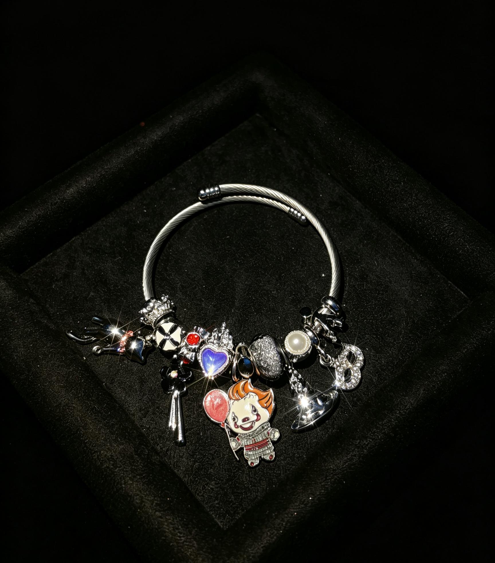 Halloween Clown Charm Bangle Bracelet, Silver Tone Adjustable Wire Bangle with Witch Hat Heart Dangle Charms, Gothic Spooky Costume Jewelry Gift for Women Girls Halloween Clown Charm Bangle Bracelet, Silver Tone Adjustable Wire Bangle with Witch Hat Heart Dangle Charms, Gothic Spooky Costume Jewelry Gift for Women Girls
