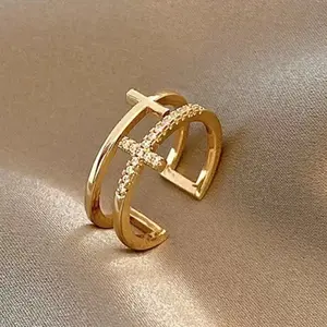 Double Cross Zirconia Ring，Adjusttable Open Band Elegant Jewelry for Women，Minimalist Stackable Gift