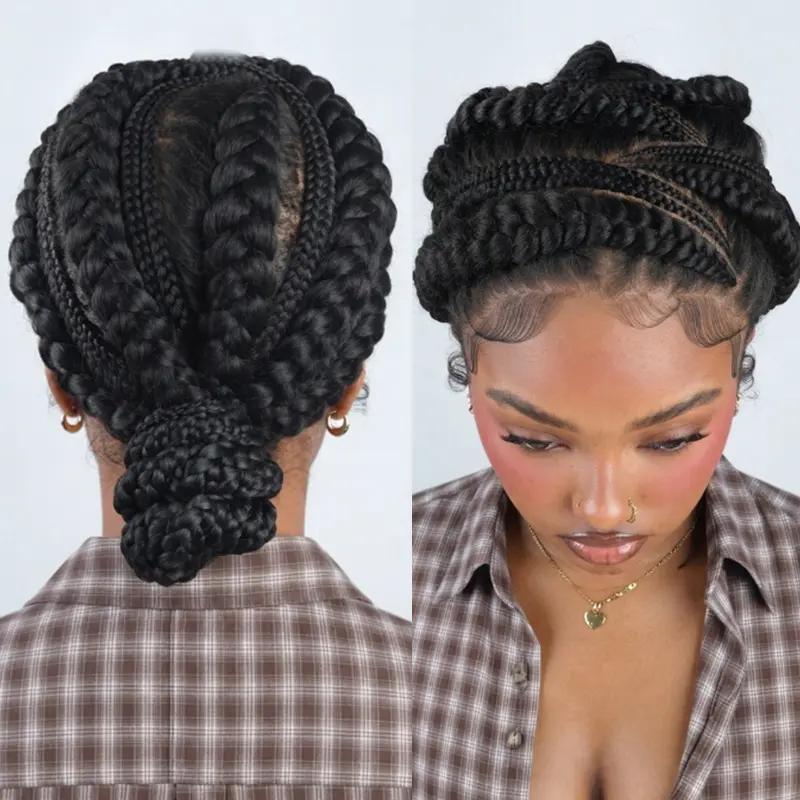 12 Inch Cornrow Braided Lace Front Wigs for Black Women Synthetic Ghana Weave Feed in Braids Glueless Frontal Wig with Real Baby Hair Easy Wear Protective Hair Suitable for Daily Party Travel Dating  #CornrowWig #GluelessWig #WigsForBlackWomen
