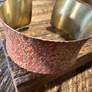 Handcrafted Artesian Boho Brass Patina Bracelet, Red Orange Brass Floral Vines, Adjustable, Gift Box