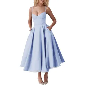 LYD Women's Corset Spaghetti Strap Bustier Midi Dress - Vintage Basic Elegant Satin Flowy Pleated Hem Low Cut Prom Dress for Formal Events - Elegance Fit Womenswear Party Style Chic Minimalist