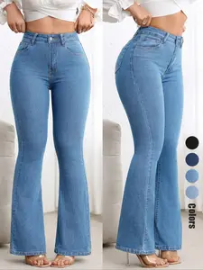 Women's Slim Fit Elastic Flare Pants, Multi-Color, Fashionable Elegant Comfort Design, Casual Wear, All Seasons, High Waist, Button Frontbootcut jeans