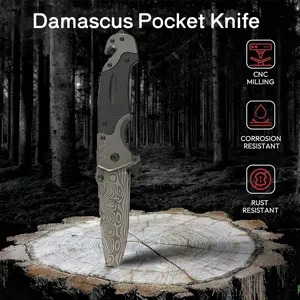 Damascus Folding Pocket Knife for Men, Camping  Knife With Pocket Clip Tactical Knife, Seatbelt Cutter for Outdoor Survival, Christmas Gifts for Men Women Dad Husband Boyfriend, Handmade VG10 Damascus Steel Hiking
