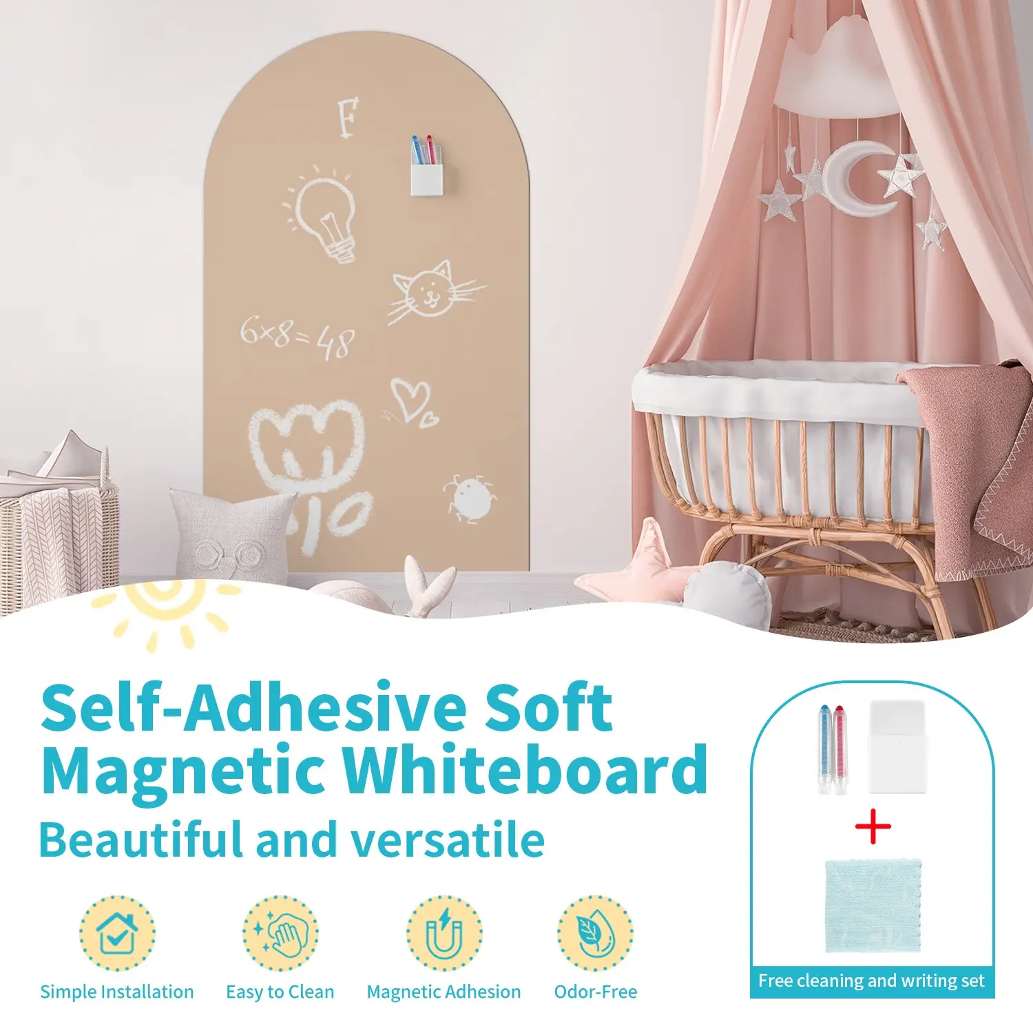 Self-Adhesive Soft Magnetic Whiteboard, Arc-Shaped Design for Kids & Adults, Ideal for Home Office & Education Use, 50x90cm Size