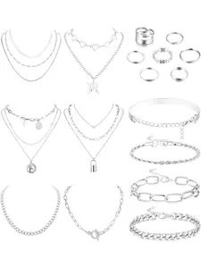 17pcs Silver Color Fashionable Jewelry Set for Women, Layered Necklaces, Chunky Bracelets, Knuckle Rings, Gift for Her