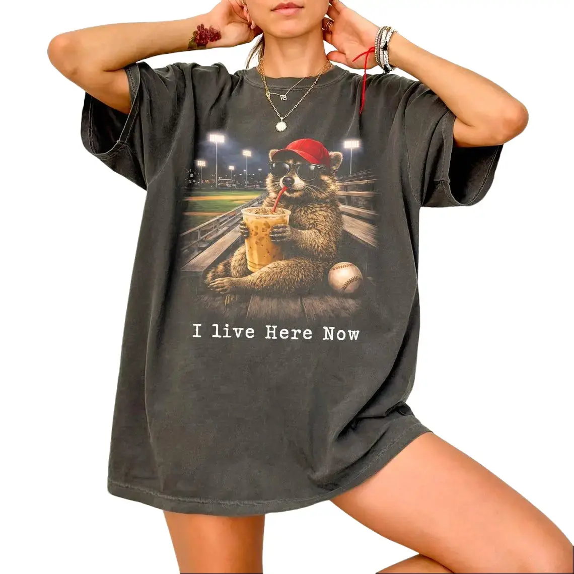 Funny Racoon Ballfield Dark T-shirt ,Comfort Acid Wash T-Shirt, Gameday Doodle Tee, Trendy Women's Flower Shirt, Game Day Tee, Vintage Style Graphic Design T-Shirt, Vintage Baggy Style Streetwear Tops