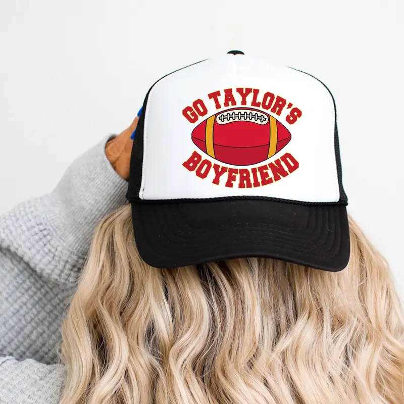 Go Taylor's Boyfriend Football Season Trucker Hat - Kansas Football Red and Gold Cap - Funny Travis Fan Snapback for Women and Teens