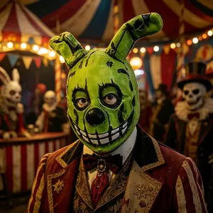 FNAF Springtrap Latex Mask for Adults! Scary cracked green rabbit design from Five Nights at Freddy's. Soft breathable natural latex. Perfect for Halloween cosplay, game events, TikTok horror reels & baseball costume pranks spooky party