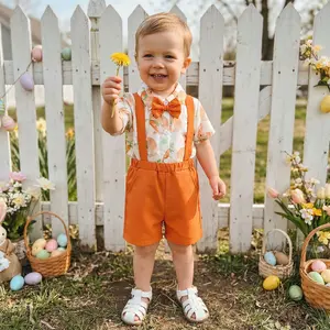 Toddler Boy Easter Outfit Egg/Bunny Print Short Sleeves Romper with Bow Tie and Overalls Shorts Set for Formal Wear