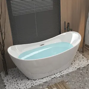 59" Acrylic Freestanding Bathtub with Chrome Overflow and Pop-Up Drain | Glossy White Soaking Tub | 8-Layer Coating (6 Base Layers) | Ergonomic Spacious Interior | Easy DIY Installation