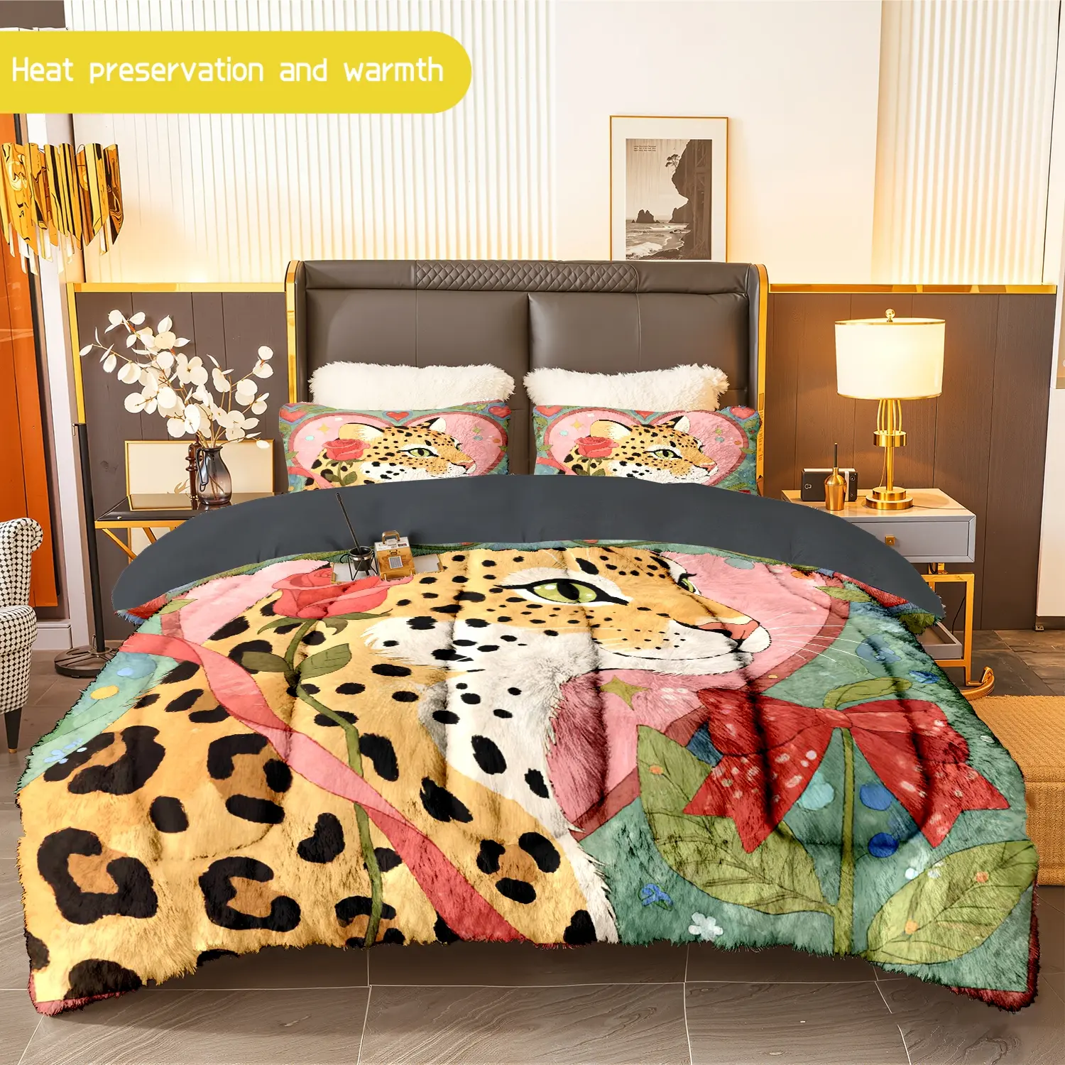 3pcs (1 comforter + 2 pillowcases) Cheetah Print Flannel & Milk Velvet Comforter Set, Soft Warm Bedding Set for Adults, Cozy Plush Quilt Set, Trendy Bedding Essentials