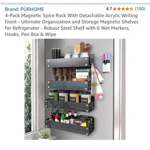 PŘHOME Four-Pack Magnetic Spice Rack with Detachable Acrylic Writing, 4-Pack Magnetic Shelves, 6 Wet Markers, and Pen Box