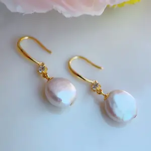 Piswency Freshwater Pearl Dangle Earrings, 18K Gold Plated 925 Sterling Silver Hook Earrings, Real White Button Pearls, Elegant Christmas Gift for Her