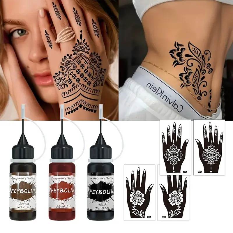Beginner-Friendly Temporary Tattoo Kit, Three-Color Tattoo Ink, Hand Templates, Natural Formula, Waterproof, Perfect for Henna, Tribal, Simple Lines, Body Art