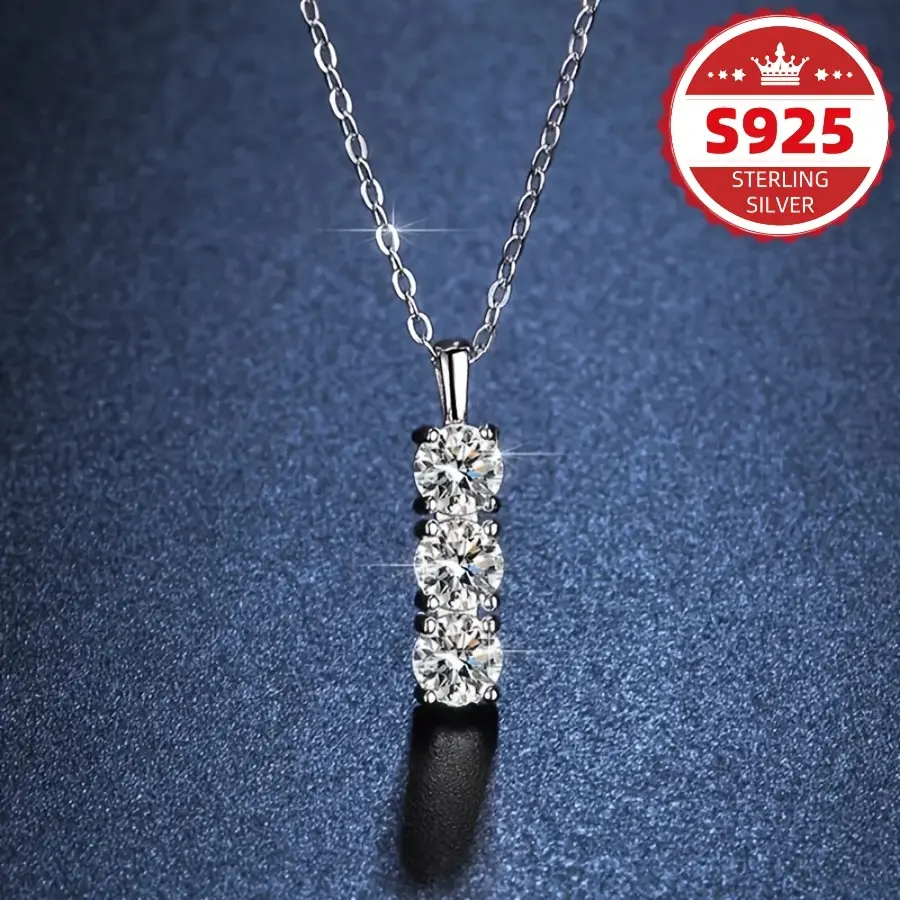 Women's S925 Sterling Silver Necklace with Vertical 3 Synthetic Zirconia Pendant, Low Allergy Risk, Sparkling Bling Style, Sexy Fashion Accessory - Ideal Women's Gift for Friends
