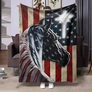 American Flag & Horse Pattern Blanket, 1 Count Soft Throw Blanket, Air-conditioned Room Blanket, Warm Nap Blanket for Home Office Travel Camping