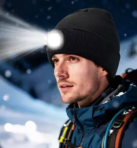 LED Beanie Hat with Light,USB Rechargeable Headlamp Winter Knitted Cap Gifts for Men Dad Husband Him, Hats For Men Trendy Embroidered
