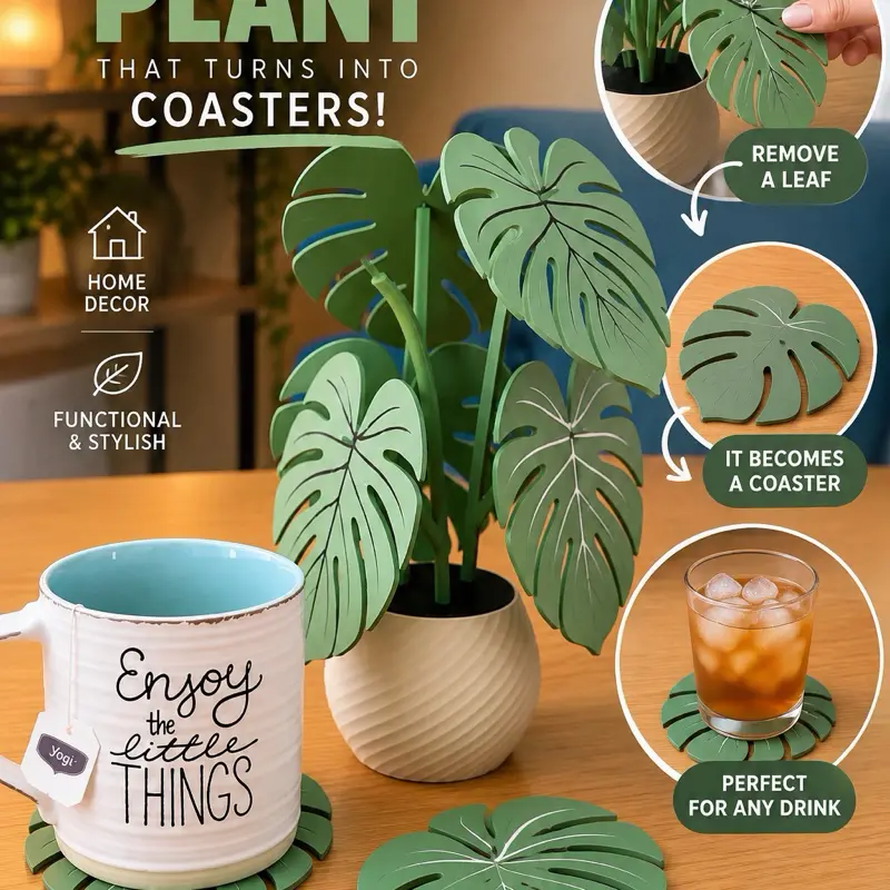 3D Printed Monstera Plant Coaster Set - Decorative Set with 6 Removable Leaf Coasters