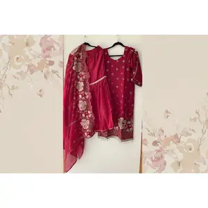 Red Vichitra Silk Sharara Suit with Zari & Rose Gold Work