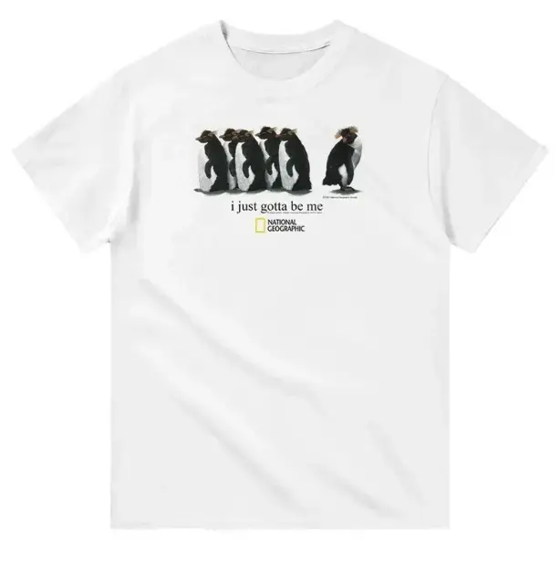 Baby Tee I Just Gotta Be Me Penguins Shirt, Cute Penguin Graphic Top, Y2K Design, Funny Animal Streetwear Tee for Women