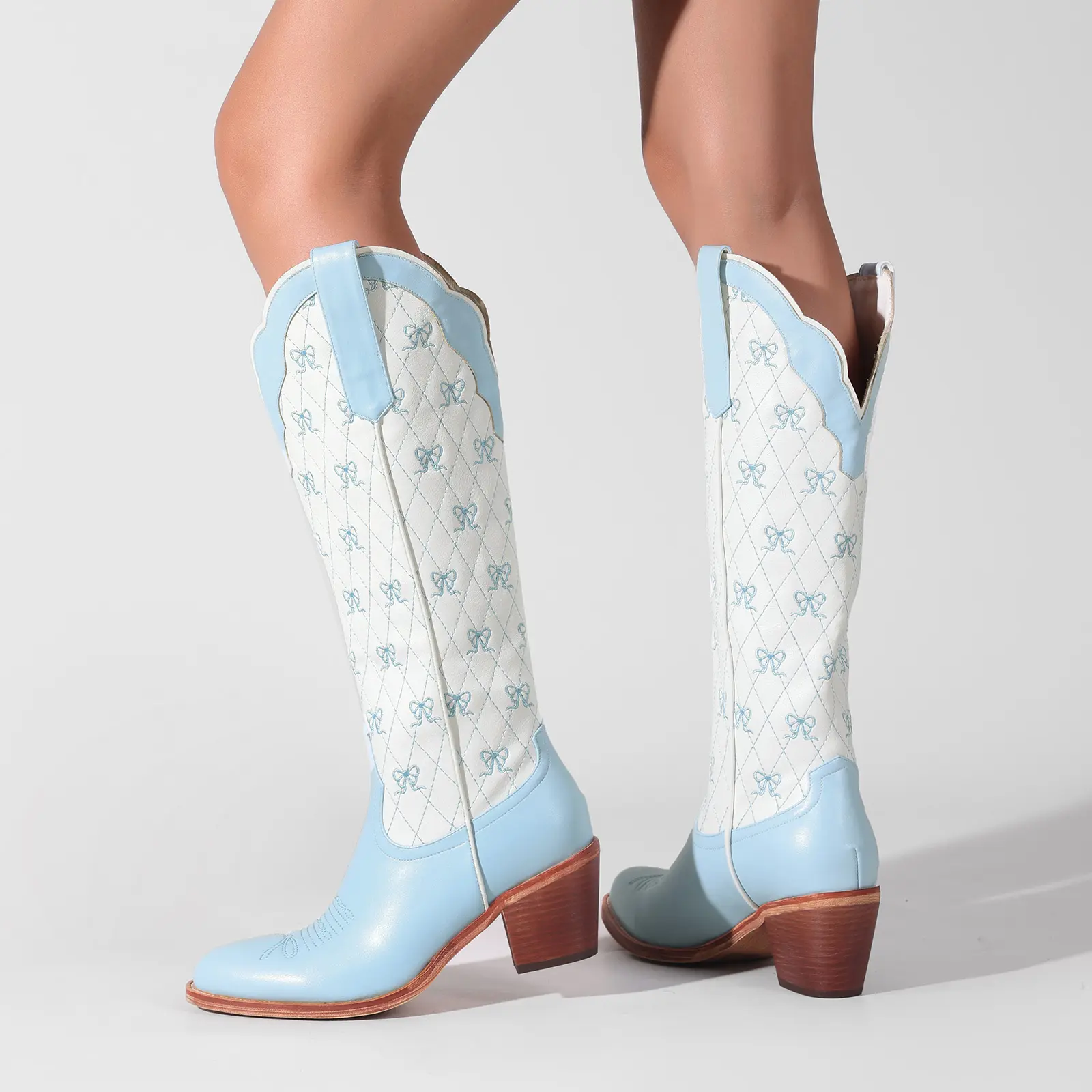 Coquette Bow Embroidered Knee High Cowboy Boots | Chunky Heel Western Cowgirl Boots for Women