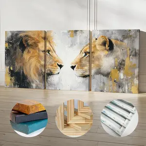 3 Piece Set Wooden Framed Canvas Poster, Lions, Tigers, Wildlife Art, Modern Abstract Oil Painting Style, Gold Splashes, Modern Art Design, Animal Art, Home Decor, Art Print, Wall Art for Living Room, Bedroom, Ideal Gift For Friends.