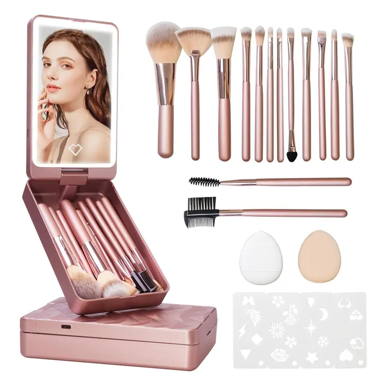 CrazyMar - Makeup Brushes Foundation Powder Concealers Eye Shadows Makeup Set with LED light Mirror 21 Pcs Mini Makeup Brushes